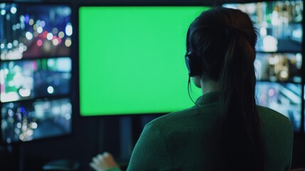 Poster - A person monitors multiple screens, with a green screen in focus, suggesting a tech environment.