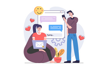 Poster - Social network concept in modern flat design for web. Woman and man sending messages in dating app, chatting with friends and using emoji and hearts, sharing information online. Illustration.