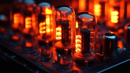 Close-up of glowing vacuum tubes in a vintage amplifier, showcasing the warm orange light and intricate glass details, symbolizing high-quality audio equipment