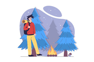Poster - Summertime concept in modern flat design for web. Man with backpack hiking at forest and relaxing at summer camp with campfire, getting woodland picnic with camping at night. Illustration.