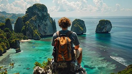 Poster - This traveler sits on a rocky outcrop overlooking stunning turquoise waters and green islands, capturing the beauty of a serene tropical landscape with clouds drifting above.