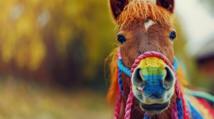 Close up of a vibrant horse with a colorful halter against a blurred nature background The horse s fur has warm tones