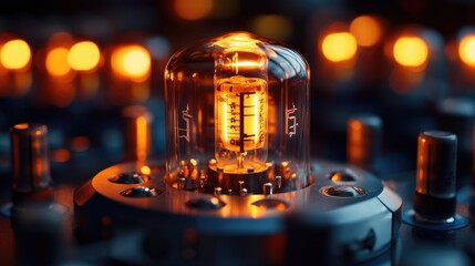 Poster - Macro shot of an amplifier tube glowing with soft, warm light, symbolizing the precision and engineering involved in high-end analog audio systems