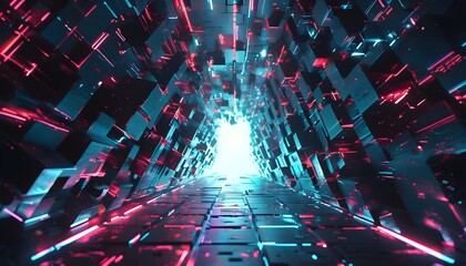 Sticker - Futuristic glowing tunnel adorned with cascading cubes in an abstract digital landscape