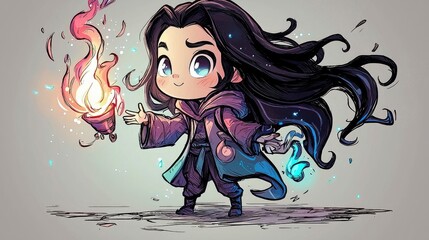 Poster - Cute Chibi Witch Girl With Magic Fire and Water