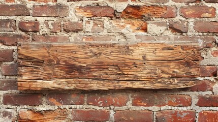 Canvas Print - Weathered Wooden Plank Against Brick Wall