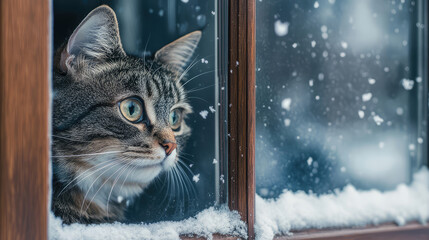 A tabby cat looks out the window, observing the snowy landscape outside. The contrast of the cat's warm, cozy environment to the cold, white snow creates a scene of comfort and curiosity.