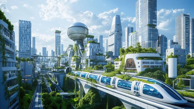 3D cartoon image of a futuristic city with sleek buildings, monorails, and greenery integrated into the skyline, representing sustainability and innovation