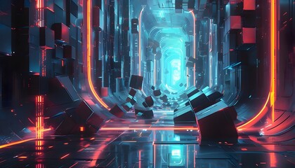 Sticker - Futuristic glowing tunnel adorned with cascading cubes in an abstract digital landscape