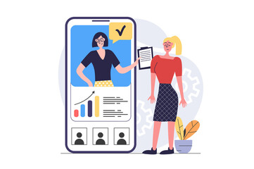 Poster - Video conference concept in modern flat design for web. Women connecting online via zoom call from mobile app, speaking and discussing work, manager briefing employee remotely. Illustration.