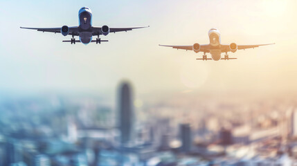 Aerial view of two airplanes, one large and one small, flying in formation with a cityscape below, symbolizing a successful airline acquisition and strategic partnership.