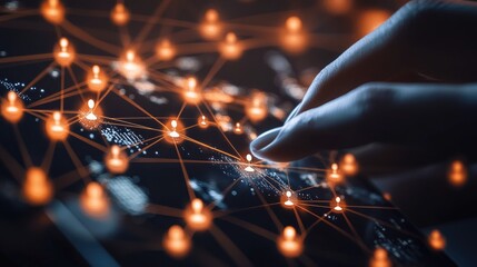 Poster - A close-up of a person's hand using a messaging app on a smartphone, with digital lines connecting people around the world in the background