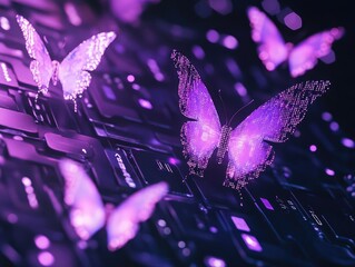 glowing purple digital lock transforming into a flock of data butterflies