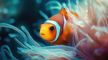 Wall Mural - A clownfish peeking out from a sea anemone, its bright orange and white stripes in sharp contrast against the soft flowing tentacles of the anemone