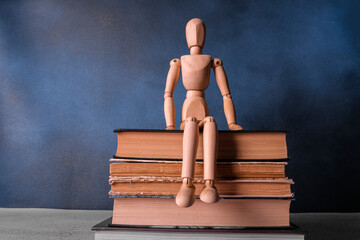 Wooden man sitting on books. Education concept.