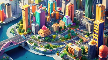 Poster - A colorful 3D cartoon city with bright buildings, parks, and bridges, showcasing a fun and lively modern cityscape from an aerial view