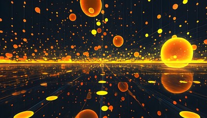 Wall Mural - Futuristic abstract landscape with glowing orange and yellow dots against a dark backdrop