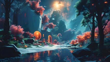 Wall Mural - Ethereal forest landscape featuring surreal architecture illuminated by a celestial event with vibrant complementary colors enhancing the enchanting atmosphere