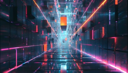 Sticker - Futuristic glowing tunnel adorned with cascading cubes in an abstract digital landscape