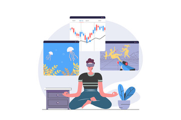 Aufkleber - Virtual reality concept in modern flat design for web. Man in VR headset paying shooter game and online aquarium, working with data graph analysis on augmented screens simulation. Illustration.