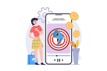 Aufkleber - Video marketing concept in modern flat design for web. Woman creating trendy video content to target audience, doing success internet promotion and earning financial profit. Illustration.