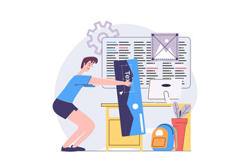 Aufkleber - Web development concept in modern flat design for web. Developer creating and programming wireframe app interface, constructing layout with content, making application template. Illustration.