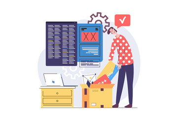 Leinwandbilder - Web development concept in modern flat design for web. Man developing and programming layout interface on screens, engineering digital project, making research and doing settings. Illustration.