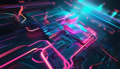 Wall Mural - Futuristic neon-lit abstract digital art featuring a glowing geometric shape above a circuit board