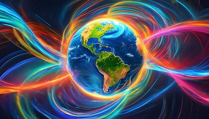 Sticker - Vibrant energy streaks enveloping a glowing Earth in a mesmerizing abstract digital art composition