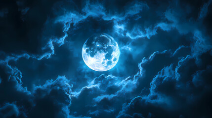 blue moon behind clouds on a dark night