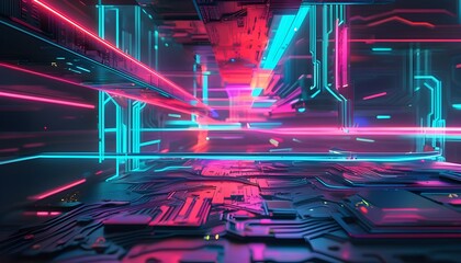 Wall Mural - Futuristic neon-lit abstract digital art featuring a glowing geometric shape above a circuit board