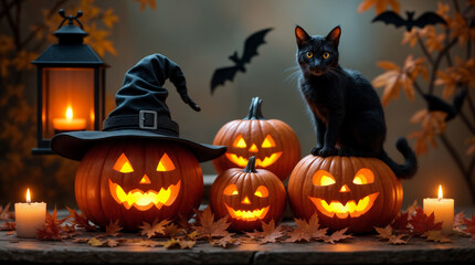 Wall Mural - Gatto nero accanto a zucche sorridenti con lanterna – Notte magica di Halloween