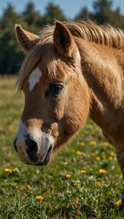 Wall Mural - Pony grazing in a sunny meadow, ears perked up.