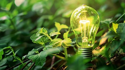 Poster - A glowing light bulb is nestled among vibrant green leaves, illustrating the balance between technology and nature. The scene is illuminated by soft, warm sunlight.