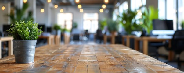 Wall Mural - a modern office space with wooden desks, potted plants, and computers under warm lighting to enhance