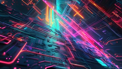 Futuristic neon-lit abstract digital art featuring a glowing geometric shape above a circuit board