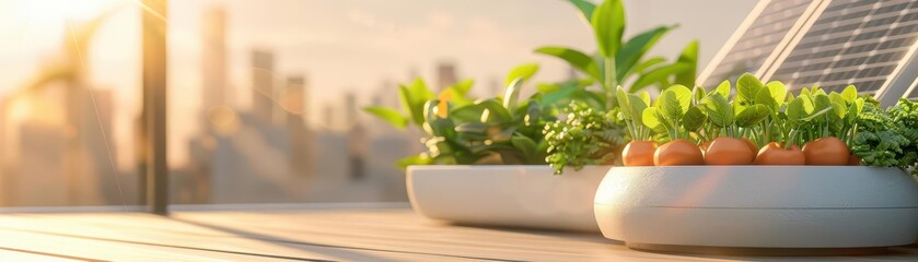 Potted plants on a window sill with a city view.