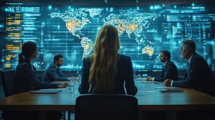 Poster - Business Professionals Gathered Around a Table with a World Map Displaying Data and Analytics