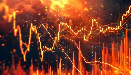 Wall Mural - Vibrant Abstract Digital Artwork Featuring Fiery Orange and Red Hues with a Rising Stock Market Graph