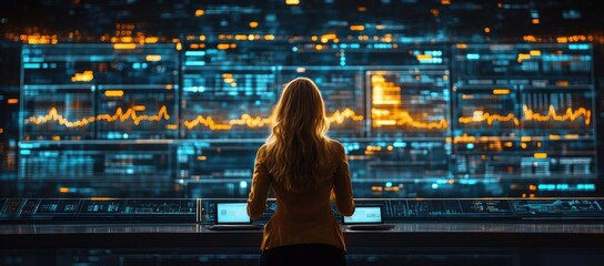 Poster - Woman Observing Data on Multiple Monitors in a Futuristic Control Room