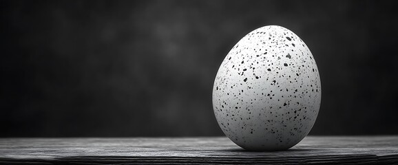 A speckled white egg rests on a wooden surface with a dark and blurry background.