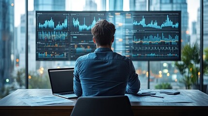 Poster - Man Analyzing Financial Data on Large Monitors in a Modern Office