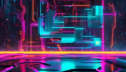 Wall Mural - Futuristic neon-lit abstract digital art featuring a glowing geometric shape above a circuit board