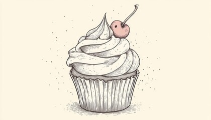 Line art illustration of a whimsical cupcake in a playful style