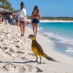 Wall Mural - A yellow bird with black markings walks on a white sandy beach with turquoise water and people in the background.