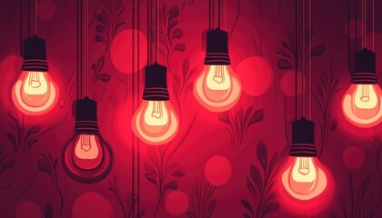 Line art illustration featuring glowing light bulbs against a retro style wall adorned with red shapes