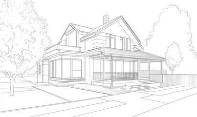 Poster - line art illustration featuring a house architectural design in a 3d perspective