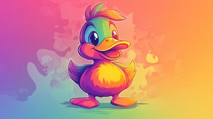 Sticker - Colorful line art illustration depicting a cheerful cartoon duck in a rainbow gradient design