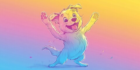 Sticker - Line art illustration featuring a cold gradient drawing of a cheerful cartoon dog dancing joyfully