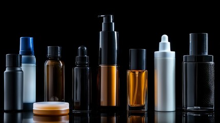 Cosmetics, moisturizer, and bottle. Various cosmetic bottles isolated on white with a collection of cosmetic items on a black background. Cosmetic package collection for soups, creams, shampoos, and f